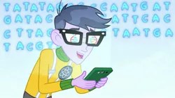 Size: 1280x720 | Tagged: safe, derpibooru import, screencap, microchips, a banner day, equestria girls, clothes, dna, double helix, glasses, male, mobile phone, phone, reflection, smartphone, smiling, solo