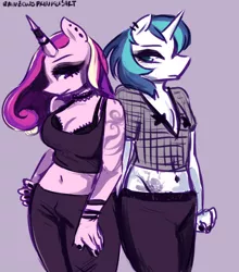 Size: 2500x2841 | Tagged: suggestive, artist:rainbowsprinklesart, derpibooru import, princess cadance, shining armor, alicorn, anthro, unicorn, belly button, bellyring, bra, bracelet, breasts, busty princess cadance, choker, cleavage, clothes, ear piercing, earring, eyeshadow, female, femboy, frilly underwear, girly, goth, horn, horn ring, jewelry, makeup, male, mesh, midriff, nail polish, nipple tape, pants, pasties, piercing, pubic tattoo, ring, signature, simple background, tattoo, underwear