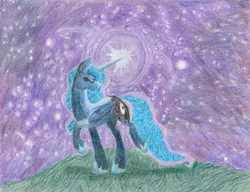 Size: 1024x785 | Tagged: safe, artist:sonic-spatula, derpibooru import, princess luna, alicorn, pony, eyes closed, female, magic, mare, night, solo, starry night, stars, traditional art