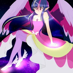 Size: 3000x3000 | Tagged: safe, artist:cosmiickatie, derpibooru import, twilight sparkle, alicorn, human, bare shoulders, bow, clothes, cute, cutie mark eyes, dress, elf ears, female, horn, horned humanization, humanized, princess, socks, solo, spread wings, stars, thigh highs, twiabetes, twilight sparkle (alicorn), two toned wings, wingding eyes, winged humanization, wings