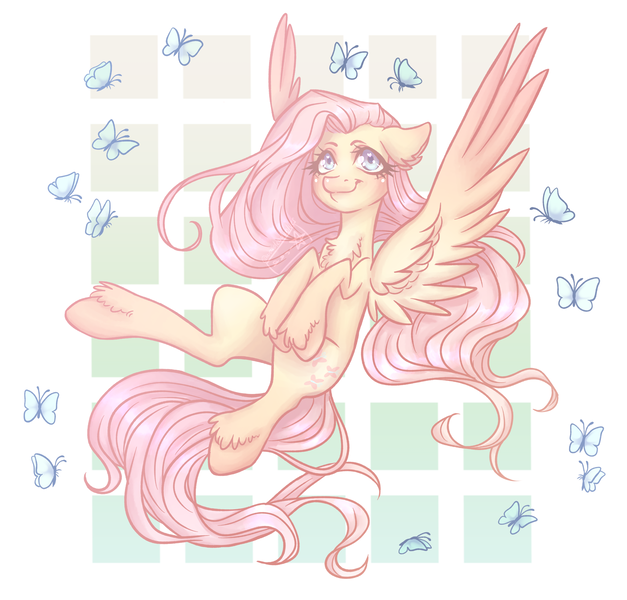 Size: 2300x2200 | Tagged: safe, artist:airadyarhahs, derpibooru import, fluttershy, butterfly, pegasus, pony, abstract background, chest fluff, colored pupils, cute, ear fluff, female, heart eyes, leg fluff, mare, shyabetes, solo, spread wings, wingding eyes, wings