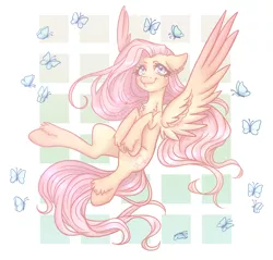 Size: 2300x2200 | Tagged: safe, artist:airadyarhahs, derpibooru import, fluttershy, butterfly, pegasus, pony, abstract background, chest fluff, colored pupils, cute, ear fluff, female, heart eyes, leg fluff, mare, shyabetes, solo, spread wings, wingding eyes, wings