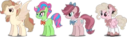 Size: 1195x356 | Tagged: safe, artist:rabidpepper, derpibooru import, oc, unofficial characters only, bat pony, earth pony, pegasus, pony, unicorn, bat pony oc, bat wings, bow, bowtie, simple background, transparent background, vector, wings