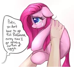 Size: 861x776 | Tagged: safe, artist:confetticakez, derpibooru import, pinkie pie, earth pony, human, pony, behaving like a dog, bronybait, colored pupils, colored sketch, crying, cute, cuteamena, daaaaaaaaaaaw, dialogue, diapinkes, dilated pupils, ear fluff, female, floppy ears, frown, gradient background, hnnng, holding a pony, mare, missing cutie mark, nose wrinkle, offscreen character, offscreen human, overreaction, pet, pinkamena diane pie, pony pet, poor thing, sad, sadorable, simple background, sketch, smol, solo focus, teary eyes, wavy mouth, weapons-grade cute, white background