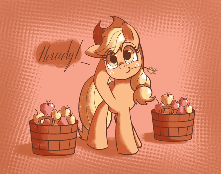 Size: 1080x851 | Tagged: safe, artist:manny-mg, artist:typhwosion, derpibooru import, applejack, earth pony, pony, alternate eye color, apple, bucket, cute, dialogue, female, food, howdy, jackabetes, looking at you, mare, solo, straw in mouth