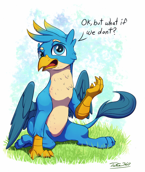 Size: 2000x2366 | Tagged: safe, artist:tsitra360, derpibooru import, gallus, gryphon, season 8, spoiler:s08, cheek fluff, chest fluff, cute, dialogue, gallabetes, grass, male, open mouth, reaction image, signature, sitting, solo, talking