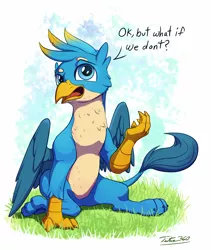 Size: 2000x2366 | Tagged: safe, artist:tsitra360, derpibooru import, gallus, gryphon, season 8, spoiler:s08, cheek fluff, chest fluff, cute, dialogue, gallabetes, grass, male, open mouth, reaction image, signature, sitting, solo, talking