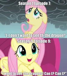 Size: 1280x1440 | Tagged: safe, derpibooru import, edit, edited screencap, screencap, fluttershy, pegasus, pony, dragonshy, sweet and smoky, caption, character development, comparison, female, image macro, mare, text