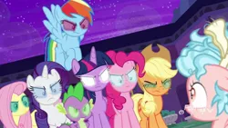 Size: 1191x670 | Tagged: safe, derpibooru import, edit, edited screencap, editor:undeadponysoldier, screencap, applejack, cozy glow, fluttershy, pinkie pie, rainbow dash, rarity, spike, twilight sparkle, twilight sparkle (alicorn), alicorn, dragon, earth pony, pony, unicorn, school raze, angry, applejack's hat, badass, cowboy hat, cozybuse, death stare, discovery family logo, female, filly, foal, furious, glowing eyes, green eyes, hat, it was at this moment that she knew she fucked up, male, mane seven, mane six, mare, school of friendship, white eyes