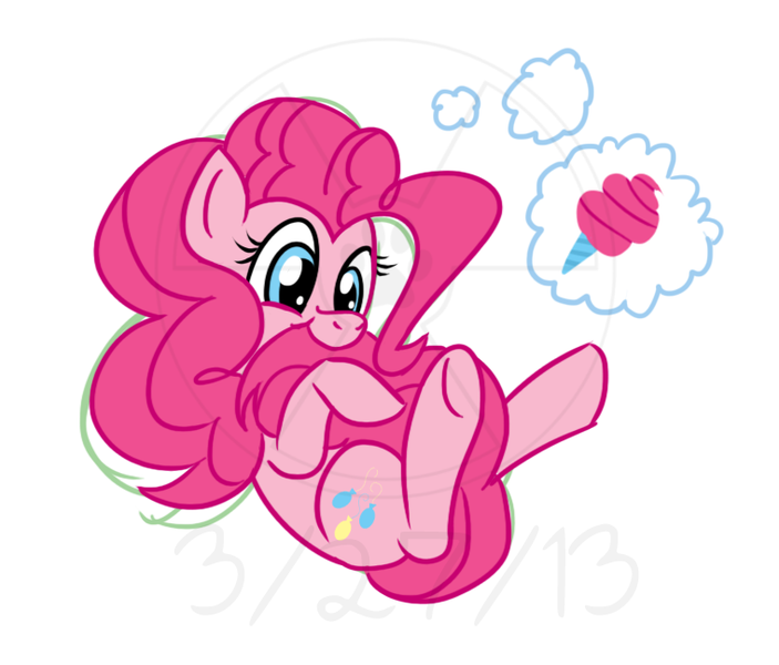 Size: 759x648 | Tagged: safe, artist:atomic-kitten10, derpibooru import, pinkie pie, pony, 15 minute art challenge, biting, cotton candy, cotton candy tail, cute, diapinkes, food, nom, obtrusive watermark, pinkie being pinkie, silly, silly pony, simple background, solo, tail bite, thought bubble, watermark, white background