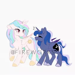 Size: 1080x1079 | Tagged: safe, artist:tiffna0310, derpibooru import, princess celestia, princess luna, alicorn, pony, female, mare, missing accessory, obtrusive watermark, siblings, simple background, sisters, smiling, watermark