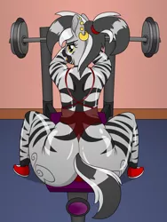 Size: 3000x4000 | Tagged: alternate version, angry, anthro, artist:pananovich, ass, both cutie marks, butt, clothes, derpibooru import, ear piercing, female, fit, gym, gym uniform, looking at you, looking back, looking back at you, looking over shoulder, oc, oc:trinidad, open mouth, piercing, plantigrade anthro, ponytail, solo, solo female, suggestive, the ass was fat, tsundere, zebra, zebra oc