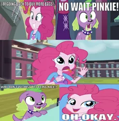 Size: 668x680 | Tagged: safe, derpibooru import, edit, edited screencap, editor:undeadponysoldier, screencap, pinkie pie, spike, spike the regular dog, twilight sparkle, dog, human, equestria girls, equestria girls (movie), friendship games, canterlot high, caption, chocolate with nuts, clothes, collar, confetti, dress, female, funny, funny as hell, happy, image macro, jaw drop, male, open mouth, reference, silly, silly face, spike the dog, spongebob squarepants, text, text for breezies, tongue out, wrong aspect ratio