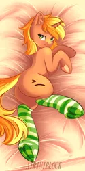 Size: 2000x4000 | Tagged: safe, artist:airiniblock, derpibooru import, oc, oc:rock, unofficial characters only, pony, unicorn, bedroom eyes, blushing, body pillow, butt, clothes, femboy, male, malesub, plot, rcf community, socks, solo, striped socks, submissive