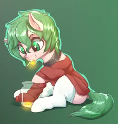 Size: 1719x1800 | Tagged: safe, artist:dankflank, derpibooru import, oc, oc:dankflank, unofficial characters only, earth pony, pony, bits, clothes, collar, femboy, jar, male, money, mouth hold, simple background, sitting, socks, solo, sweater, thigh highs