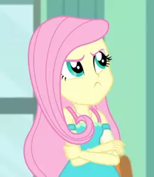 Size: 482x555 | Tagged: safe, derpibooru import, screencap, fluttershy, a little birdie told me, equestria girls, equestria girls series, :c, angry, clothes, cropped, crossed arms, cute, dress, female, frown, hmph, madorable, shyabetes, solo