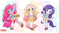 Size: 1920x1080 | Tagged: safe, artist:howxu, derpibooru import, angel bunny, fluttershy, pinkie pie, rarity, anthro, earth pony, pegasus, plantigrade anthro, rabbit, unicorn, equestria girls, ambiguous facial structure, animal, bag, blushing, clothes, cute, daaaaaaaaaaaw, diapinkes, floppy ears, howxu is trying to murder us, looking at you, mary janes, moe, no nose, open mouth, patreon, patreon logo, peace sign, pleated skirt, raribetes, sailor uniform, school uniform, shoes, shyabetes, skirt, smiling, socks, uniform, weapons-grade cute