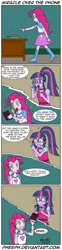 Size: 527x2133 | Tagged: safe, artist:pheeph, derpibooru import, pinkie pie, sci-twi, twilight sparkle, equestria girls, book, call, comic, fourth wall destruction, library, miracle, old master q, parody, phone, wat