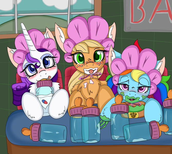 Size: 5000x4483 | Tagged: suggestive, artist:cuddlelamb, derpibooru import, applejack, rainbow dash, rarity, pony, adult foal, baby bottle, baby food, bar, blushing, bonnet, chest fluff, drinking, foal bottle, looking at you, mashed peas, messy drinking, messy eating, milk, pills, tongue out