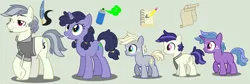 Size: 1024x343 | Tagged: safe, artist:loveedovey, derpibooru import, oc, oc:crisp pen, oc:graffiti, oc:marked pages, oc:paper folds, oc:sketch book, unofficial characters only, earth pony, pony, unicorn, colt, female, male, mare, simple background, stallion