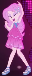 Size: 238x555 | Tagged: safe, derpibooru import, screencap, fluttershy, equestria girls, equestria girls series, i'm on a yacht, spoiler:eqg series (season 2), armpits, arms in the air, clothes, cropped, cute, dress, feet, female, happy, neon eg logo, sandals, shyabetes, sleeveless, smiling