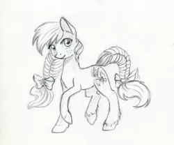 Size: 1000x830 | Tagged: safe, artist:maytee, derpibooru import, earth pony, pony, bow, braid, braided tail, female, freckles, grayscale, mare, monochrome, raised hoof, sketch, solo, tail bow, traditional art, unshorn fetlocks