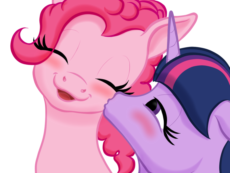 Size: 1024x768 | Tagged: safe, artist:vasillium, derpibooru import, pinkie pie, twilight sparkle, earth pony, pony, unicorn, bedroom eyes, blushing, cute, diapinkes, eyelashes, eyes closed, female, happy, horn, kiss on the cheek, kissing, lesbian, love, mare, nostrils, open mouth, romance, romantic, shipping, simple background, smiling, transparent background, twiabetes, twinkie, unicorn twilight