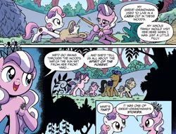 Size: 1894x1450 | Tagged: safe, artist:brendahickey, derpibooru import, idw, diamond tiara, filthy rich, spoiled rich, sweetie belle, earth pony, pony, unicorn, spoiler:comic, spoiler:comicspiritoftheforest01, cleaning, comic, cute, diamondbetes, father and child, father and daughter, female, filly, foal, forest, great grandmother, jewelry, male, mare, mother and child, mother and daughter, official comic, reminiscing, rich family, speech bubble, stallion, tiara, trash bag, younger
