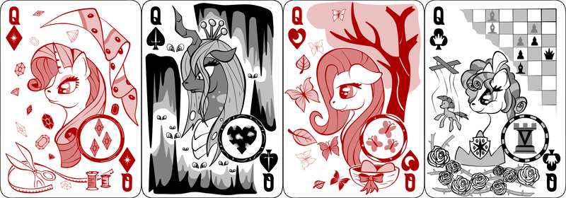 Size: 2540x889 | Tagged: artist:virenth, butterfly, changeling, changeling queen, chess, cozy glow, crown, derpibooru import, egg, female, flower, fluttershy, gemstones, jewelry, leaf, marionette, nest, playing card, queen chrysalis, queen of clubs, queen of diamonds, queen of hearts, queen of spades, rarity, regalia, rook, rose, safe, scissors