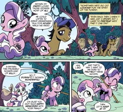 Size: 1893x1726 | Tagged: safe, artist:brendahickey, derpibooru import, idw, diamond tiara, filthy rich, sweetie belle, earth pony, pony, unicorn, spoiler:comic, spoiler:comicspiritoftheforest01, cap, comic, cute, diamondbetes, father and child, father and daughter, female, filly, foal, forest, hat, male, official comic, reminiscing, speech bubble, stallion, trash bag, whitetail woods, younger