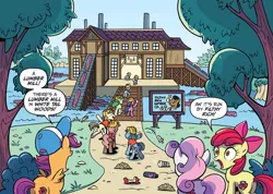 Size: 1892x1350 | Tagged: safe, artist:brendahickey, derpibooru import, idw, apple bloom, filthy rich, scootaloo, sweetie belle, earth pony, pegasus, pony, unicorn, spoiler:comic, spoiler:comicspiritoftheforest01, apple core, bottle, building, construction pony, cutie mark crusaders, female, filly, foal, forest, hard hat, lumber mill, male, official comic, speech bubble, stallion, trash, whitetail woods