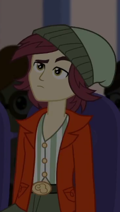 Size: 248x437 | Tagged: safe, derpibooru import, screencap, normal norman, equestria girls, equestria girls series, opening night, background human, clothes, cropped, cyoa, hat, male, solo focus, unamused