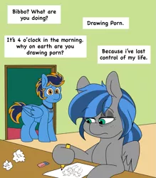 Size: 897x1024 | Tagged: safe, artist:littlebibbo, derpibooru import, oc, oc:bibbo, oc:blues, pegasus, pony, confused, drawing, eraser, meme, palindrome get, pencil, room, rugrats, stressed, table, vulgar, wings