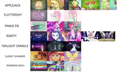 Size: 1280x766 | Tagged: safe, derpibooru import, edit, edited screencap, screencap, applejack, fluttershy, pinkie pie, rainbow dash, rarity, sci-twi, spike, spike the regular dog, sunset shimmer, twilight sparkle, dog, coinky-dink world, eqg summertime shorts, equestria girls, equestria girls series, five to nine, life is a runway, mad twience, my past is not today, run to break free, shake things up!, so much more to me, the other side, spoiler:eqg series (season 2), female, male, music video, smiling
