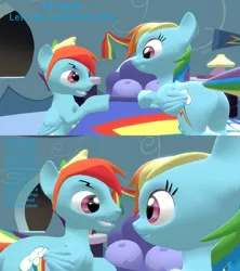 Size: 1280x1439 | Tagged: safe, derpibooru import, rainbow dash, pony, 3d, bed, bedroom, comic, dashblitz, explaining, female, holding, kneeling, looking at each other, male, rainbow blitz, reference, rule 63, self ponidox, selfcest, shipping, shrek, shrek the third, smiling, source filmmaker, straight, talking about babies