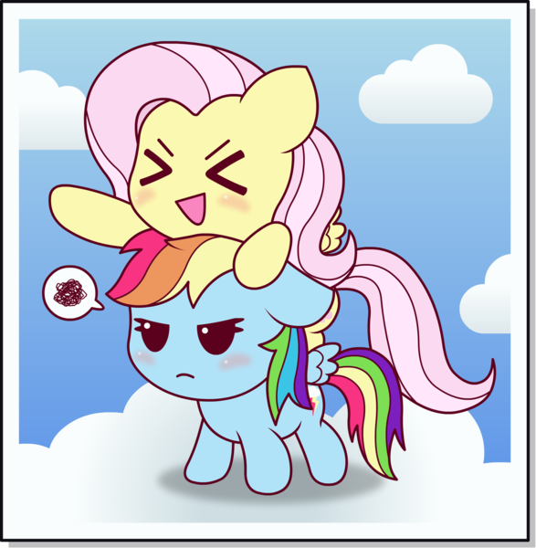 Size: 1956x2000 | Tagged: safe, artist:doctor-g, derpibooru import, fluttershy, rainbow dash, pegasus, pony, blushing, chibi, cloud, cute, dashabetes, duo, pictogram, ponies riding ponies, rainbow dash is not amused, riding, shyabetes, sky, unamused