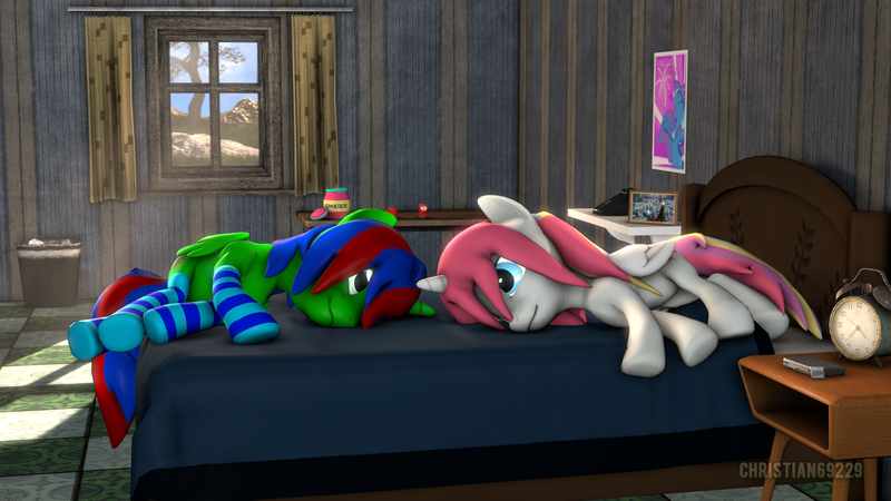 Size: 1920x1080 | Tagged: safe, artist:christian69229, derpibooru import, oc, oc:christian clefnote, oc:nekonin, unofficial characters only, alicorn, pony, 3d, alicorn oc, apple, bed, clock, clothes, commission, cookie, cookie jar, food, horn, jar, laying on bed, looking at each other, male, on bed, poster, socks, source filmmaker, stallion, striped socks, trash can, wings