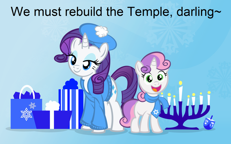 Size: 1755x1097 | Tagged: safe, artist:pixelkitties, derpibooru import, edit, rarity, sweetie belle, pony, unicorn, beret, clothes, darling, dreidel, female, hanukkah, hat, jew rarity, jewnicorn, judaism, menorah, present, scarf, siblings, sisters, sweater, text