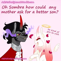 Size: 648x647 | Tagged: safe, artist:eve-of-halloween, derpibooru import, king sombra, oc, oc:queen wysteria, oc:wysteria, pony, unicorn, hallowverse, tumblr:askmotherlyluna, albino, alternate universe, angel, ask, askmotherlyluna, colored horn, curved horn, dead, family, female, hallowverse:wysteria, horn, male, mare, mother and child, mother and son, mother's day, one eye closed, red eyes, rose petals, sombra eyes, sombra's horn, squee, stallion, tumblr, wink