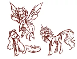 Size: 4470x3394 | Tagged: safe, artist:the-blackeye, derpibooru import, oc, oc:featherlight, oc:spectrum blast, unnamed oc, earth pony, pegasus, pony, unicorn, design, female, g5, horn, mare, monochrome, redesign, rough sketch, sketch, wings