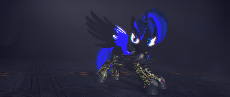 Size: 3840x1620 | Tagged: safe, artist:phoenixtm, derpibooru import, oc, oc:jinx ardor, alicorn, pony, robot, robot pony, 3d, alicorn oc, angry, battle stance, error, glitch, horn, military uniform, source filmmaker, spread wings, weapon, wings