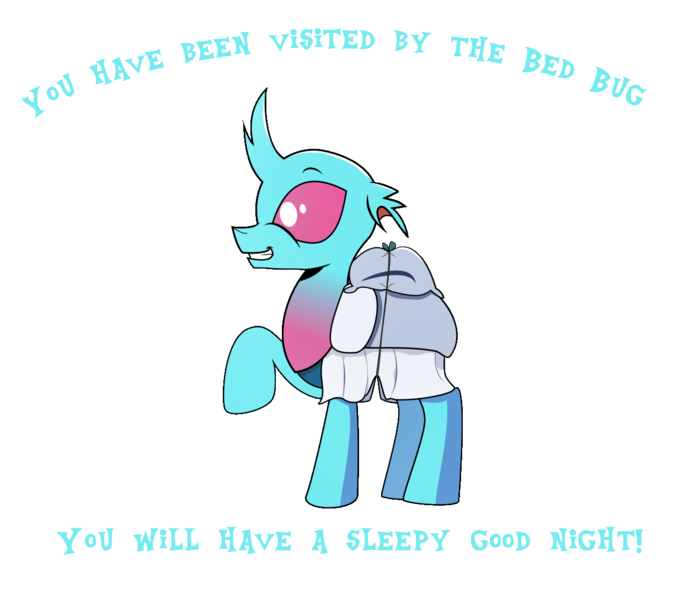 Size: 1222x1088 | Tagged: artist:dsana, bed bug, changedling, changeling, derpibooru import, edit, grin, male, meme, oc, oc:dopple, pillow, pun, raised hoof, safe, simple background, smiling, transparent background, unofficial characters only, visual pun, you have been visited by