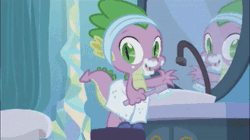 Size: 400x224 | Tagged: animated, bathroom, brushing teeth, derpibooru import, dragon, male, mirror, nudity, safe, screencap, smiling, spike, talking, the crystalling, toothbrush, toothpaste, towel, twilight's castle, waving, we don't normally wear clothes, you know for kids