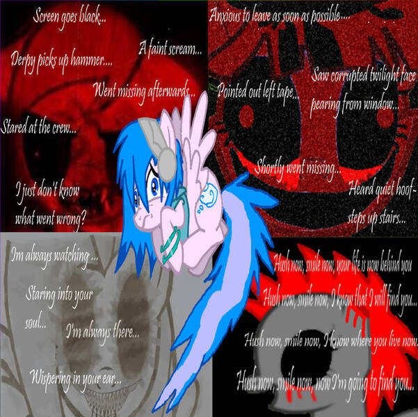 Size: 894x893 | Tagged: grimdark, artist:zandight, derpibooru import, derpy hooves, fluttershy, twilight sparkle, oc, oc:zandight, pony, corrupt-mlp-s2ep03-vhs.png, creepypasta, derpy's day, in the background, scared, smile.pny