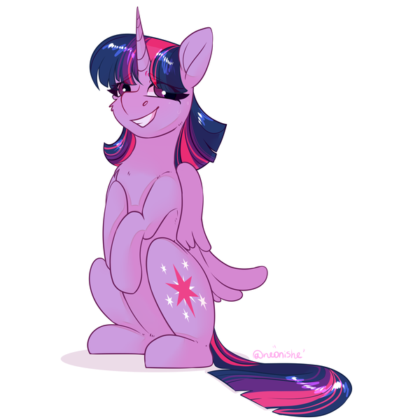 Size: 2000x2000 | Tagged: safe, artist:neonishe, derpibooru import, twilight sparkle, twilight sparkle (alicorn), alicorn, pony, cheek fluff, chest fluff, cute, eye clipping through hair, female, mare, simple background, sitting, smiling, solo, twiabetes, white background