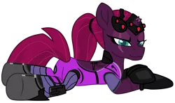 Size: 10986x6502 | Tagged: safe, alternate version, artist:ejlightning007arts, derpibooru import, edit, tempest shadow, pony, unicorn, my little pony: the movie, absurd resolution, anna sroka-hryń, boots, broken horn, clothes, crossover, eye scar, female, gloves, headset, horn, looking at you, mare, overwatch, ponytail, scar, shoes, skinsuit, solo, visor, voice actor joke, widowmaker, widowtempest