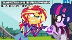 Size: 800x450 | Tagged: safe, derpibooru import, edit, edited screencap, screencap, sci-twi, sunset shimmer, twilight sparkle, equestria girls, friendship games, angry, caption, exploitable meme, image macro, magic capture device, meme, sunset yells at twilight, text