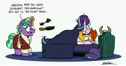 Size: 7906x4148 | Tagged: suggestive, artist:bobthedalek, derpibooru import, firelight, starlight glimmer, sunburst, pony, unicorn, bathrobe, bed, caught, clothes, covering mouth, father and child, father and daughter, female, frying pan, implied sex, magic, male, mare, messy mane, oblivious, robe, shipping, spatula, stallion, starburst, starlight's room, straight, thrill of almost being caught