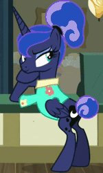 Size: 352x586 | Tagged: safe, derpibooru import, screencap, princess luna, alicorn, pony, between dark and dawn, alternate hairstyle, animated, barehoof, cheek squish, clothes, cropped, eyebrow wiggle, eyeshadow, female, folded wings, gif, hair bun, hawaiian shirt, looking at something, makeup, mare, out of context, post office, raised eyebrow, shirt, squishy cheeks, tail bun, that pony sure does love the post office, wings