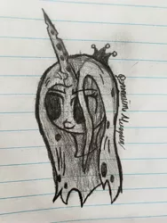 Size: 2607x3476 | Tagged: artist:antique1899, bust, changeling, changeling queen, derpibooru import, female, monochrome, queen chrysalis, safe, signature, solo, traditional art
